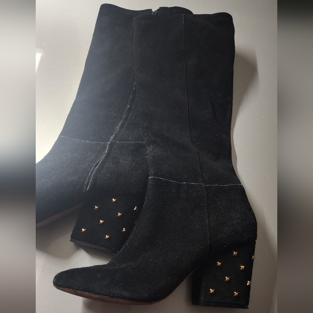 Elegant Black Suede Boots with Gold Studded Heels